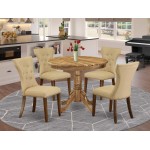 5Pc Dining Set, Round Dinette Table, 4 Fabric Chairs, Brown Seat, Natural