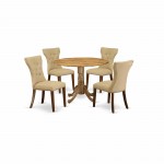 5Pc Round Kitchen Set Included A Breakfast Table & 4 Kitchen Chairs, Brown Parson Chairs Seat, Rubber Wood Legs, Natural Fini