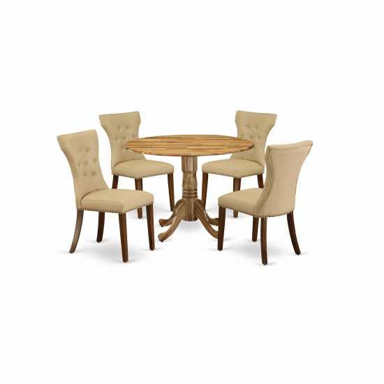 5Pc Round Kitchen Set Included A Breakfast Table & 4 Kitchen Chairs, Brown Parson Chairs Seat, Rubber Wood Legs, Natural Fini