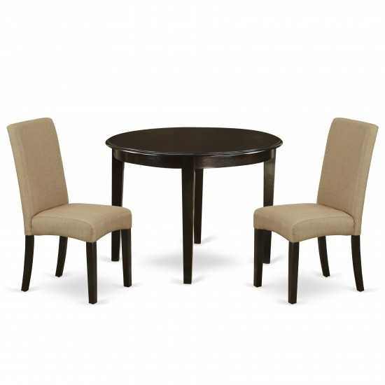 3Pc Round 42" Table And Two Parson Chair, Cappuccinoleg And Fabric- Brown Color