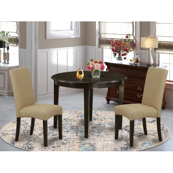 3Pc Round 42" Table And Two Parson Chair, Cappuccinoleg And Fabric- Brown Color