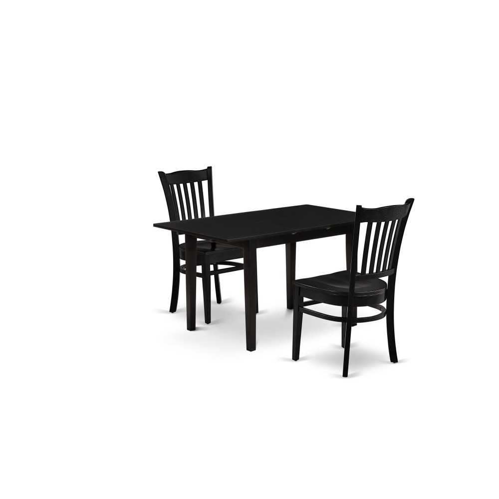 3-Pc Dining Set 2 Dining Chairs, Slatted Back, Butterfly Leaf Seat, Table, Black