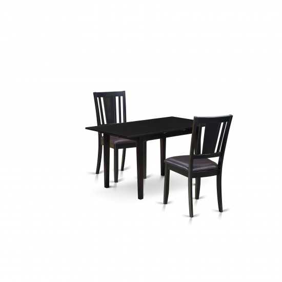 Rectangular Dining Set 2 Chairs, Faux Leather Seat, Small Butterfly Leaf Table, Black