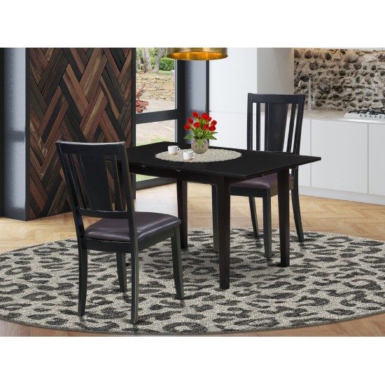 Rectangular Dining Set 2 Chairs, Faux Leather Seat, Small Butterfly Leaf Table, Black