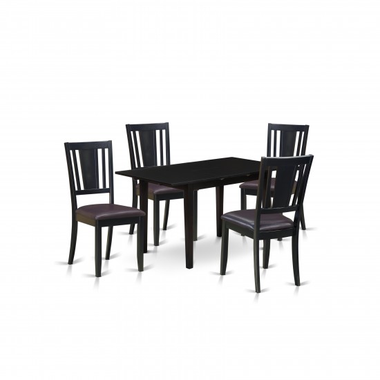 5-Pc Dining Set 4 Chairs, Faux Leather Seat, Butterfly Leaf Table, Black