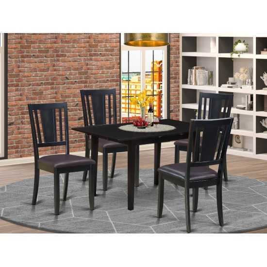 5-Pc Dining Set 4 Chairs, Faux Leather Seat, Butterfly Leaf Table, Black