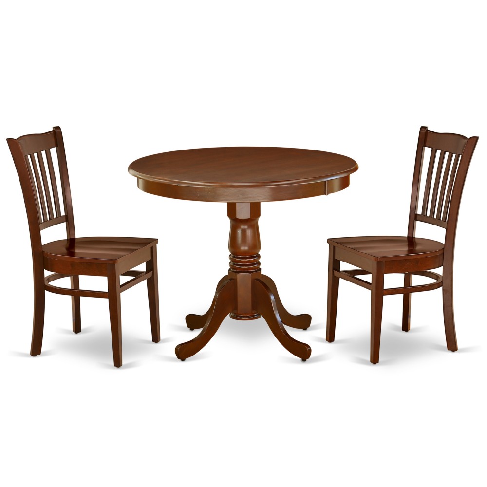 3Pc Rounded 36" Table And 2 Wood Seat Dining Chairs