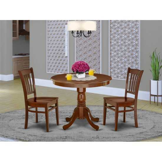 3Pc Rounded 36" Table And 2 Wood Seat Dining Chairs