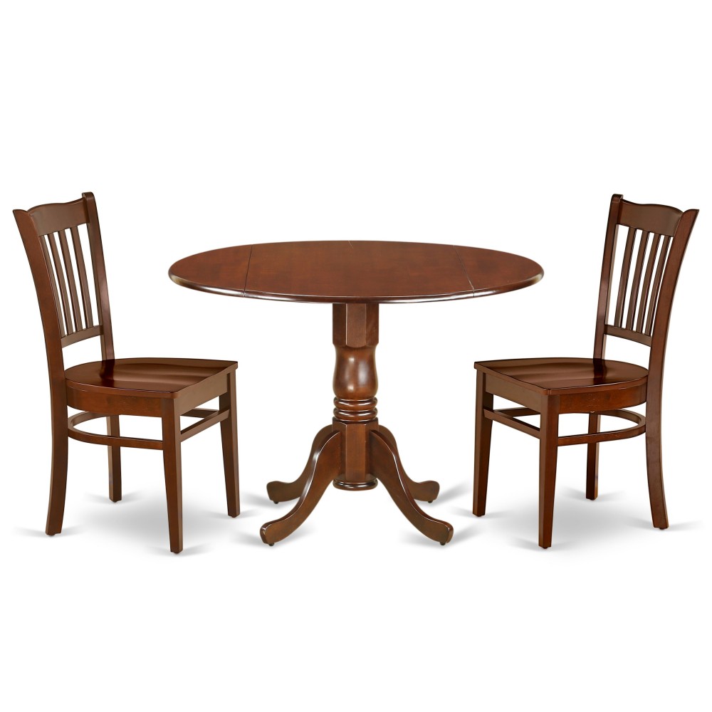 3Pc Round 42 Inch Dining Table, Two 9-Inch Drop Leaves And 2 Wood Seat Chairs