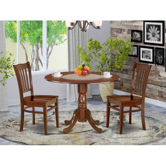 3Pc Round 42 Inch Dining Table, Two 9-Inch Drop Leaves And 2 Wood Seat Chairs