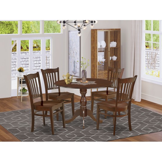 5 Pc Dropleaf Kitchen Dining Set, Mahogany Small Kitchen Table, 4 Chairs, Slatted Back, Mahogany Finish