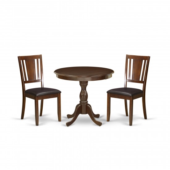 3 Pc Dining Set, 1 Round Pedestal Table, 2 Mahogany Faux Leather Chair, Mahogany