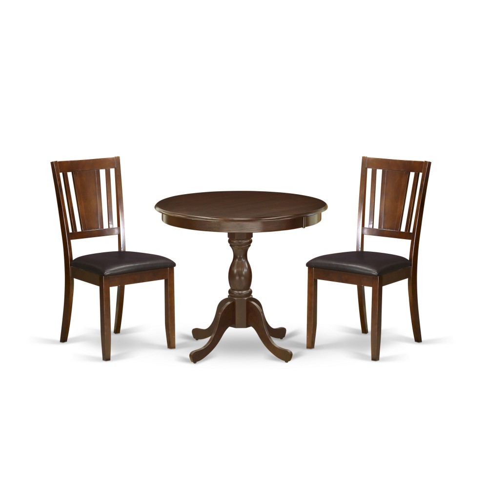 3 Pc Dining Set, 1 Round Pedestal Table, 2 Mahogany Faux Leather Chair, Mahogany