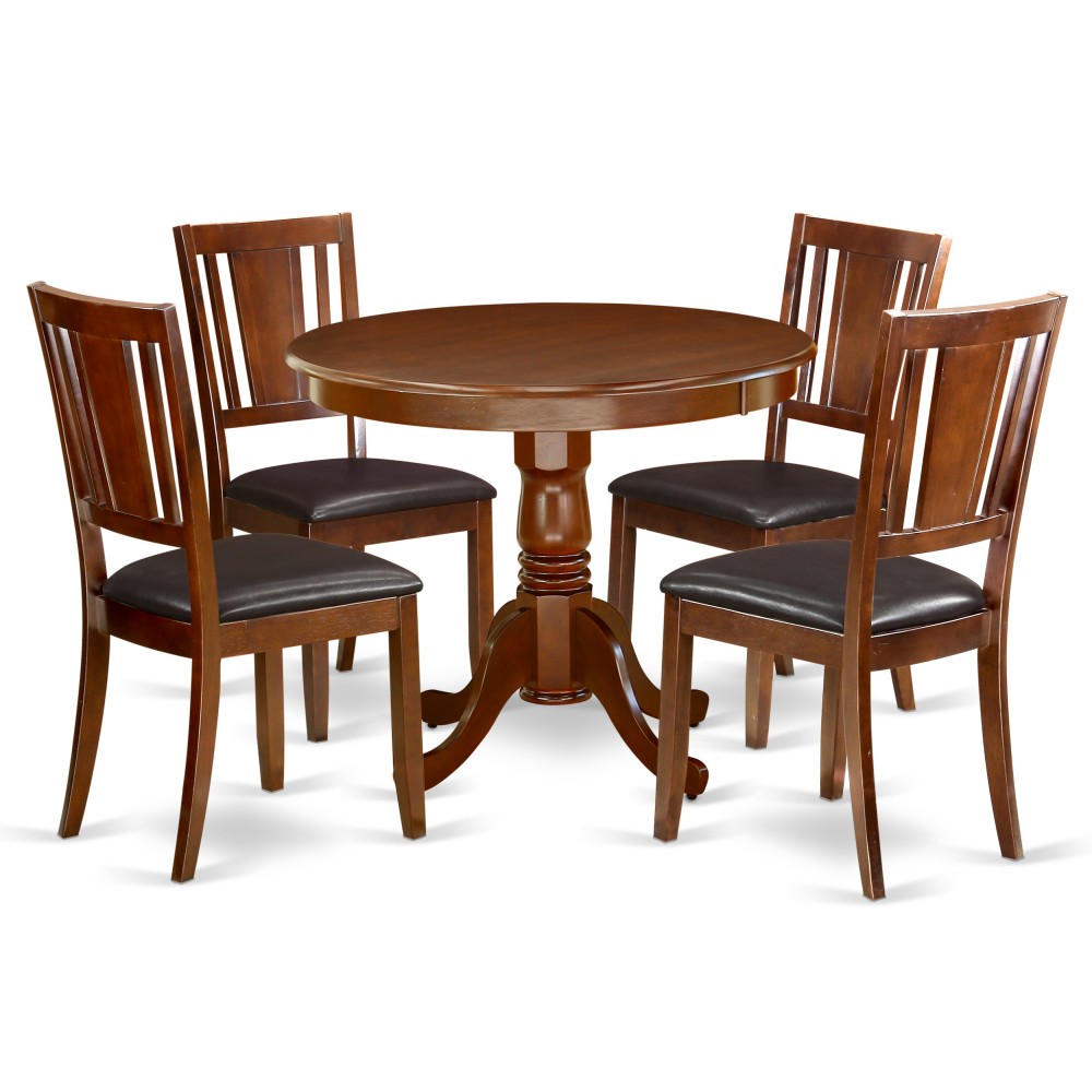 5Pc Rounded 36" Dining Room Table And Four Faux Leather Seat Chairs