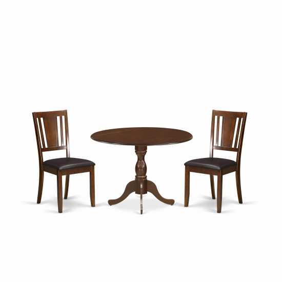 3 Pc Dining Set, 1 Drop Leaves Dining Table, 2 Mahogany Faux Leather Chair, Mahogany Finish