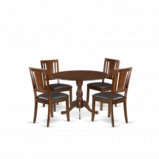 5 Pc Wood Dining Set, 1 Drop Leaves Table, 4 Mahogany Faux Leather Chair, Panel Back, Mahogany Finish