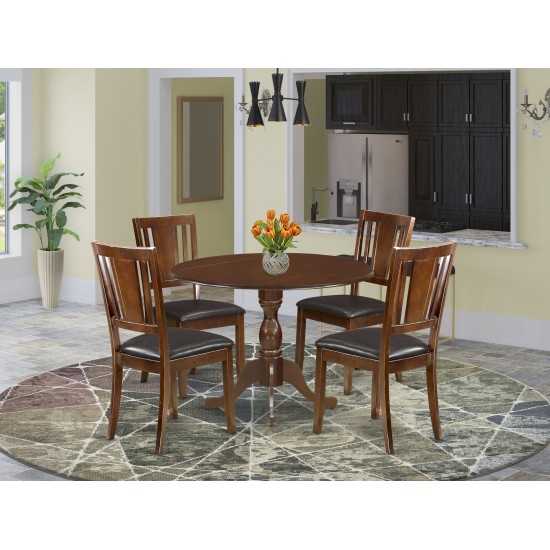 5 Pc Wood Dining Set, 1 Drop Leaves Table, 4 Mahogany Faux Leather Chair, Panel Back, Mahogany Finish