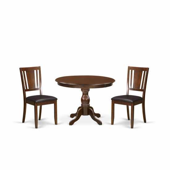 3 Pc Kitchen Set, Mahogany Dining Table, 2 Mahogany Faux Leather Comfortable Chairs, Panel Back, Mahogany Finish