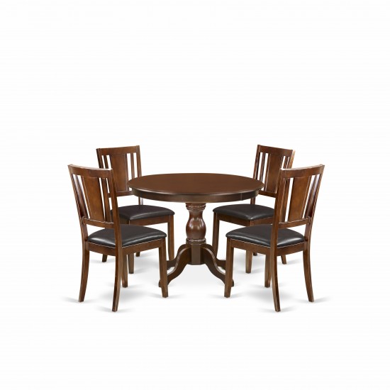 5 Pc Dining Set, Mahogany Table, 4 Mahogany Faux Leather Comfortable Chairs, Panel Back, Mahogany Finish