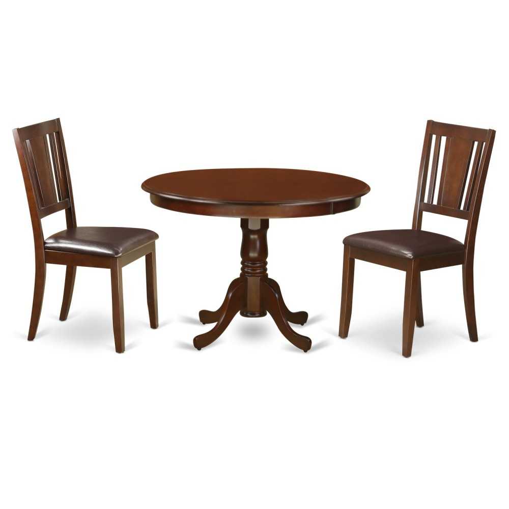 3 Pc Set With A Round Kitchen Table And 2 Leather Dinette Chairs In Mahogany