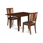 Dining Set For 3- Two Dining Chairs, Wood Table, Chocolate Brown Color Faux Leather, Mahogany Finish Solid Wood Structure