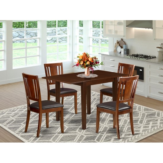 Dining Set For 5- 4 Kitchen Chairs, An Attractive Table, Mahogany Color Faux Leather, Mahogany Finish Wood Structure