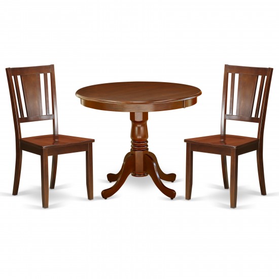 3Pc Round 36 Inch Dining Table And Two Wood Seat Chairs