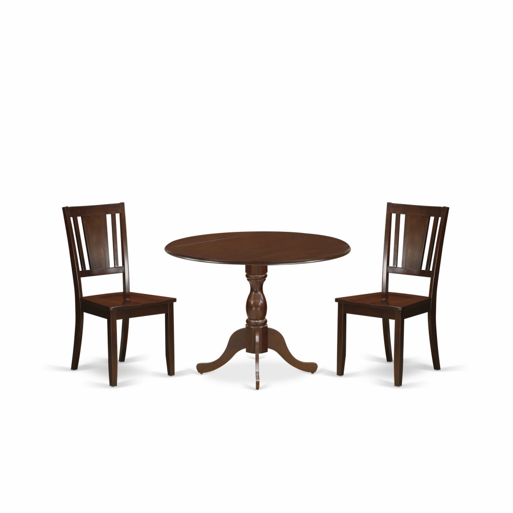 3 Pc Wood Dining Set, 1 Drop Leaves Wooden Table, 2 Mahogany Wooden Chairs