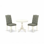 3Pc Dining Set, 1 Round Pedestal Table, 2 Smoke Chairs Back, Nail Heads, Linen White Finish