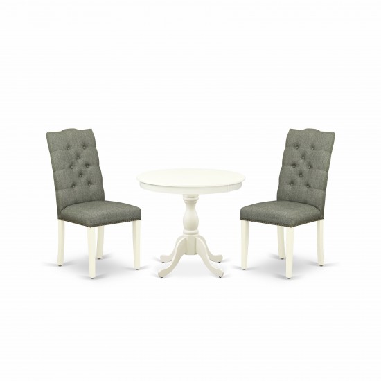 3Pc Dining Set, 1 Round Pedestal Table, 2 Smoke Chairs Back, Nail Heads, Linen White Finish