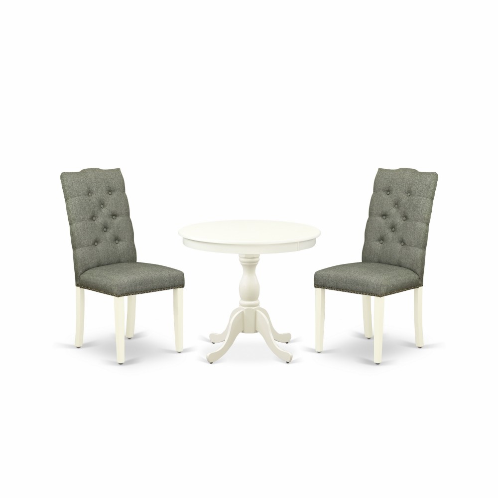 3Pc Dining Set, 1 Round Pedestal Table, 2 Smoke Chairs Back, Nail Heads, Linen White Finish