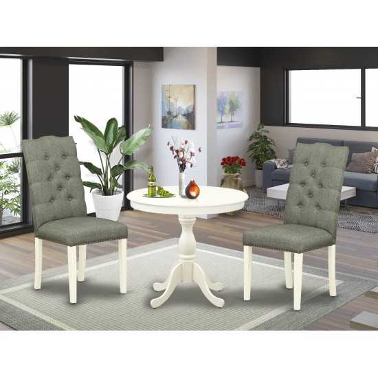 3Pc Dining Set, 1 Round Pedestal Table, 2 Smoke Chairs Back, Nail Heads, Linen White Finish