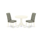 3Pc Round Dining Set, Table, 2 Dining Chairs, Rubber Wood Legs, Linen White
