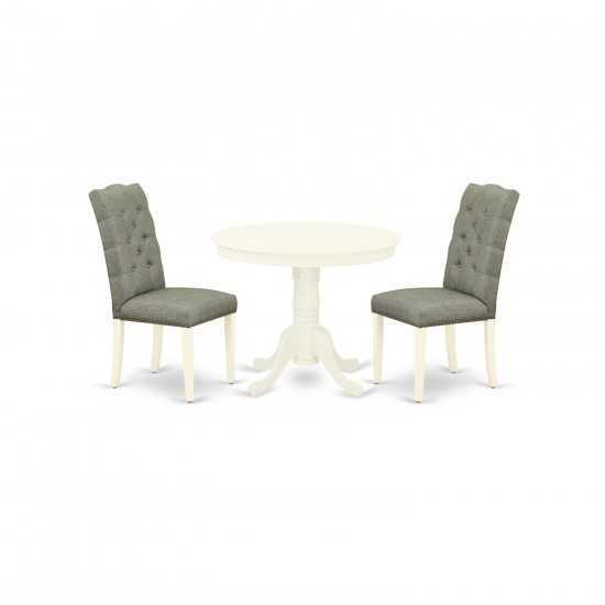 3Pc Round Dining Set, Table, 2 Dining Chairs, Rubber Wood Legs, Linen White