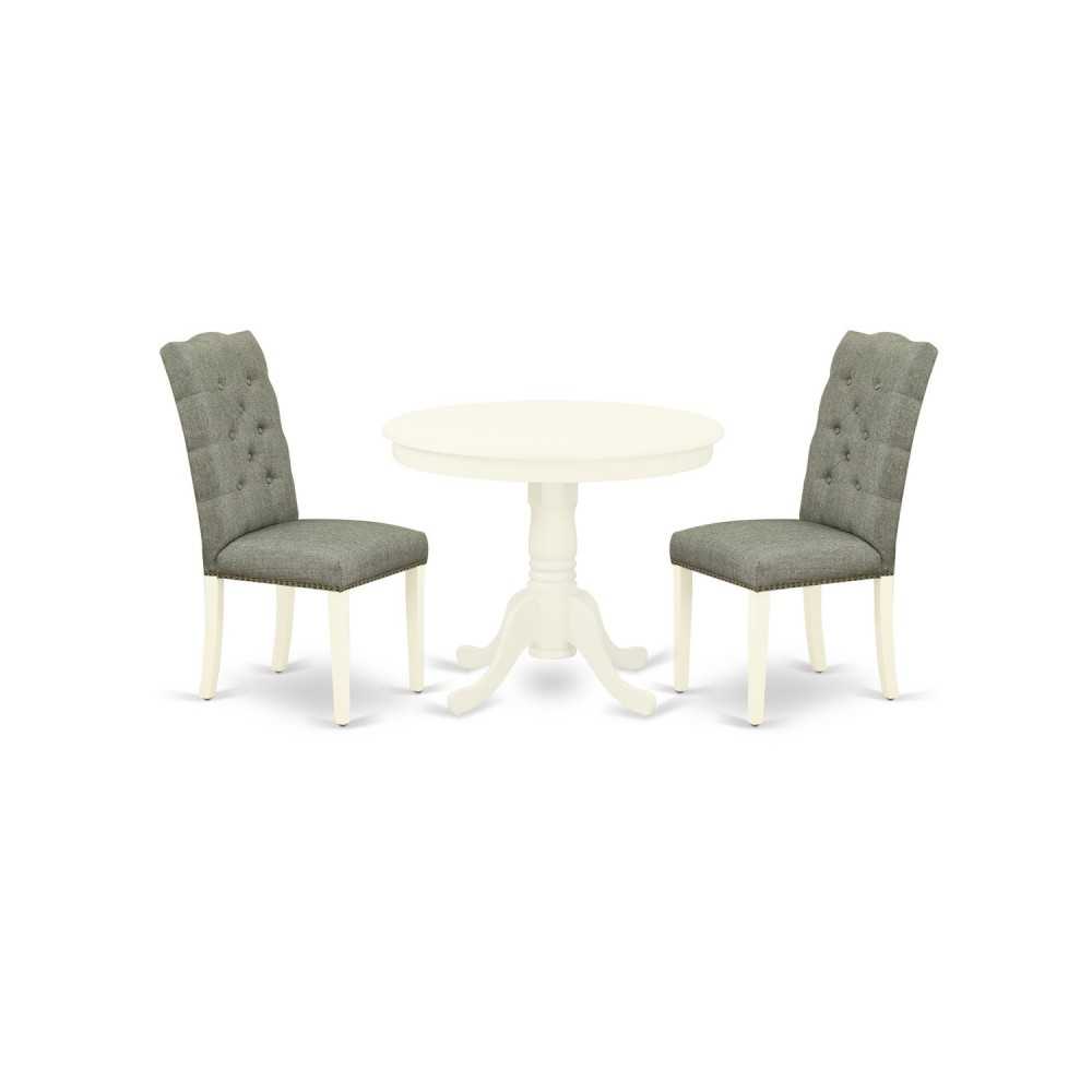 3Pc Round Dining Set, Table, 2 Dining Chairs, Rubber Wood Legs, Linen White 3Pc Round Dining Set, Table, 2 Dining Chairs, Rubber Wood Legs, Linen White