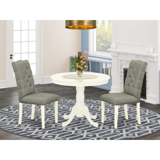 3Pc Round Dining Set, Table, 2 Dining Chairs, Rubber Wood Legs, Linen White