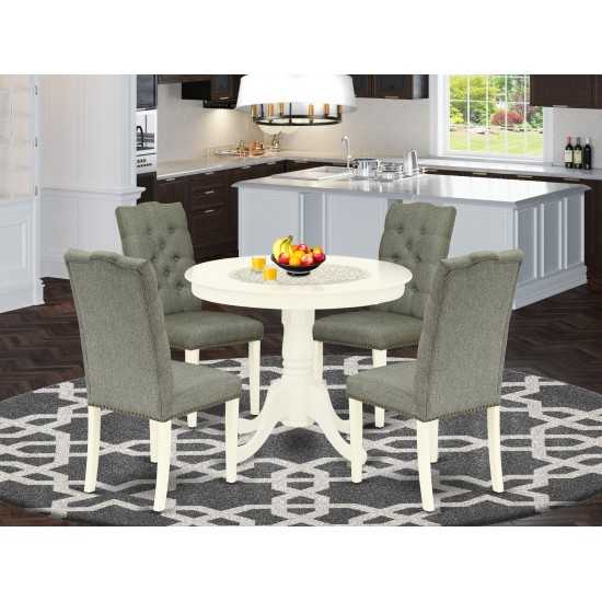 5Pc Kitchen Set, Round Wood Dining Table, 4 Kitchen Chairs, Smoke Parson Dining Chairs Seat, Rubber Wood Legs, Linen White