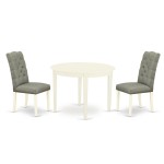 3Pc Dining Set, Round Table, 2 Chairs, Smoke Chairs Seat, Rubber Wood Legs, Linen White