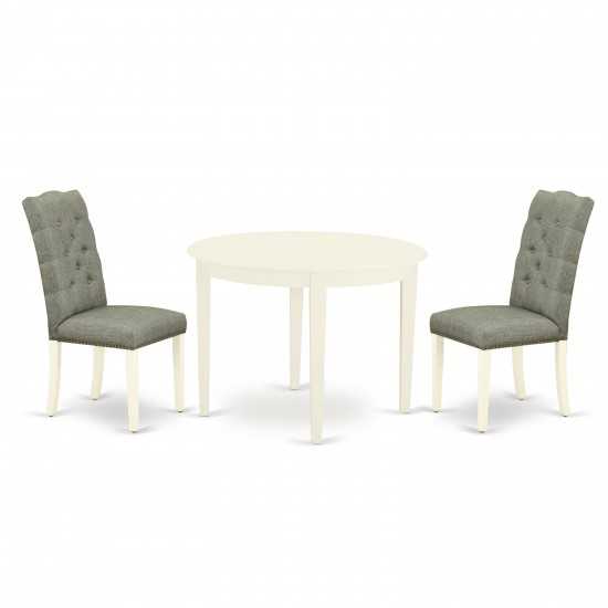 3Pc Dining Set, Round Table, 2 Chairs, Smoke Chairs Seat, Rubber Wood Legs, Linen White