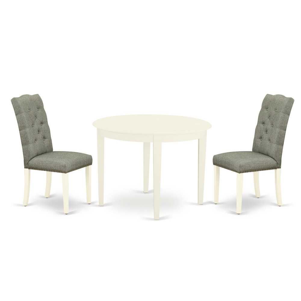 3Pc Dining Set, Round Table, 2 Chairs, Smoke Chairs Seat, Rubber Wood Legs, Linen White 3Pc Dining Set, Round Table, 2 Chairs, Smoke Chairs Seat, Rubber Wood Legs, Linen White