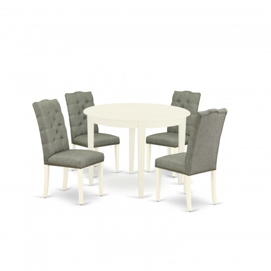 5-Pc Dining Set Included A Round Dinner Table & 4 Parson Chairs, Smoke Chairs Seat, Rubber Wood Legs, Linen White Finish