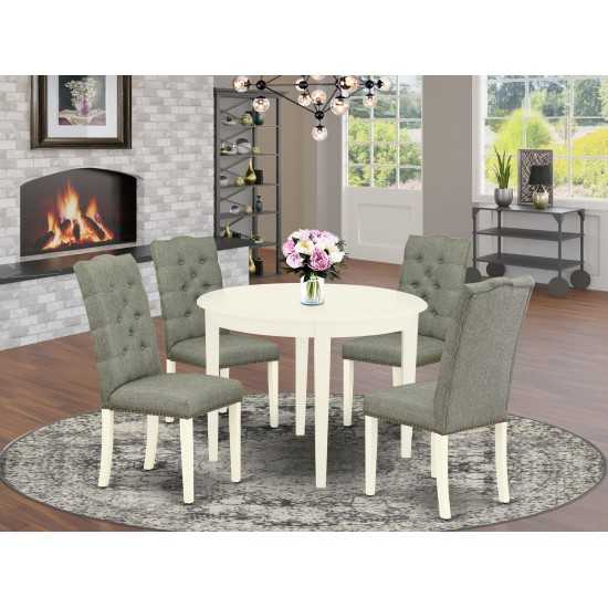 5-Pc Dining Set Included A Round Dinner Table & 4 Parson Chairs, Smoke Chairs Seat, Rubber Wood Legs, Linen White Finish