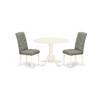 3Pc Wood Dining Set, Round Kitchen Table, 2 Chairs, Smoke Color Parson Chairs Seat, Rubber Wood Legs, Linen White