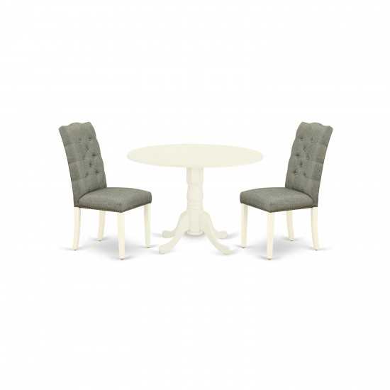 3Pc Wood Dining Set, Round Kitchen Table, 2 Chairs, Smoke Color Parson Chairs Seat, Rubber Wood Legs, Linen White