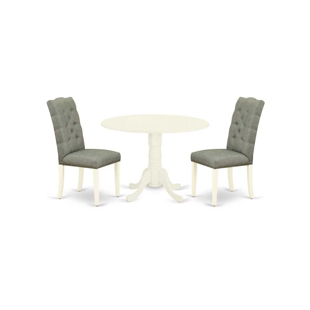 3Pc Wood Dining Set, Round Kitchen Table, 2 Chairs, Smoke Color Parson Chairs Seat, Rubber Wood Legs, Linen White