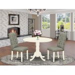 3Pc Wood Dining Set, Round Kitchen Table, 2 Chairs, Smoke Color Parson Chairs Seat, Rubber Wood Legs, Linen White