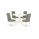 5Pc Round Dinette Set, Dining Table, 4 Dining Chairs, Smoke Chairs Seat, Rubber Wood Legs, Linen White