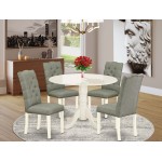 5Pc Round Dinette Set, Dining Table, 4 Dining Chairs, Smoke Chairs Seat, Rubber Wood Legs, Linen White