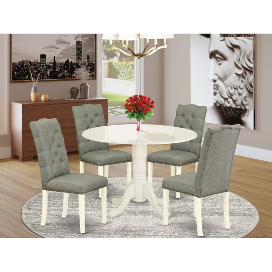 5Pc Round Dinette Set, Dining Table, 4 Dining Chairs, Smoke Chairs Seat, Rubber Wood Legs, Linen White