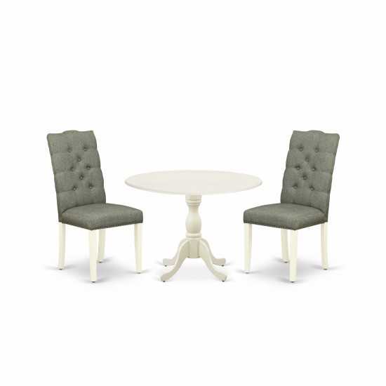 3Pc Dining Set, 1 Drop Leaves Dining Table, 2 Smoke Parson Chairs Back, Nail Heads, Linen White Finish